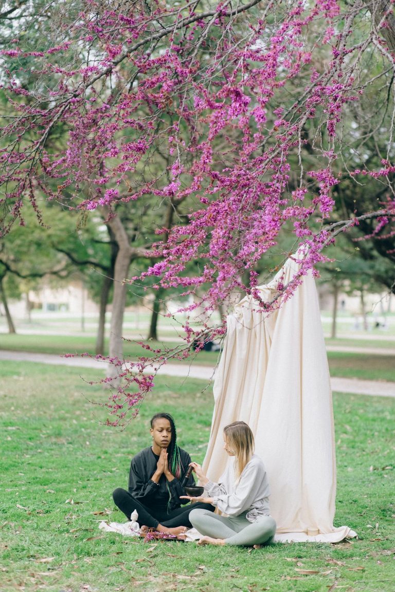 Two women meditate outdoors beneath a blooming tree in a serene park setting.